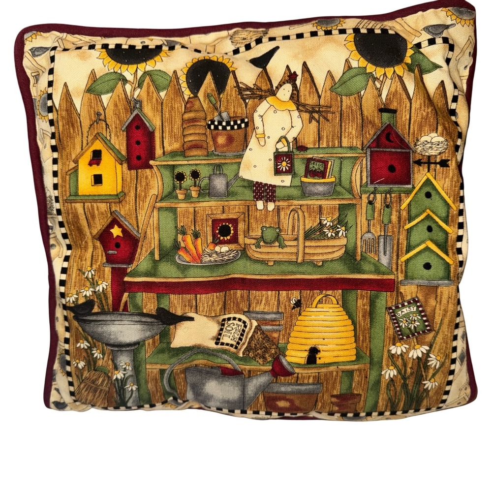 Primitive Folk Art Garden Potting Shed Accent 12x12 Pillow Square Sunflower